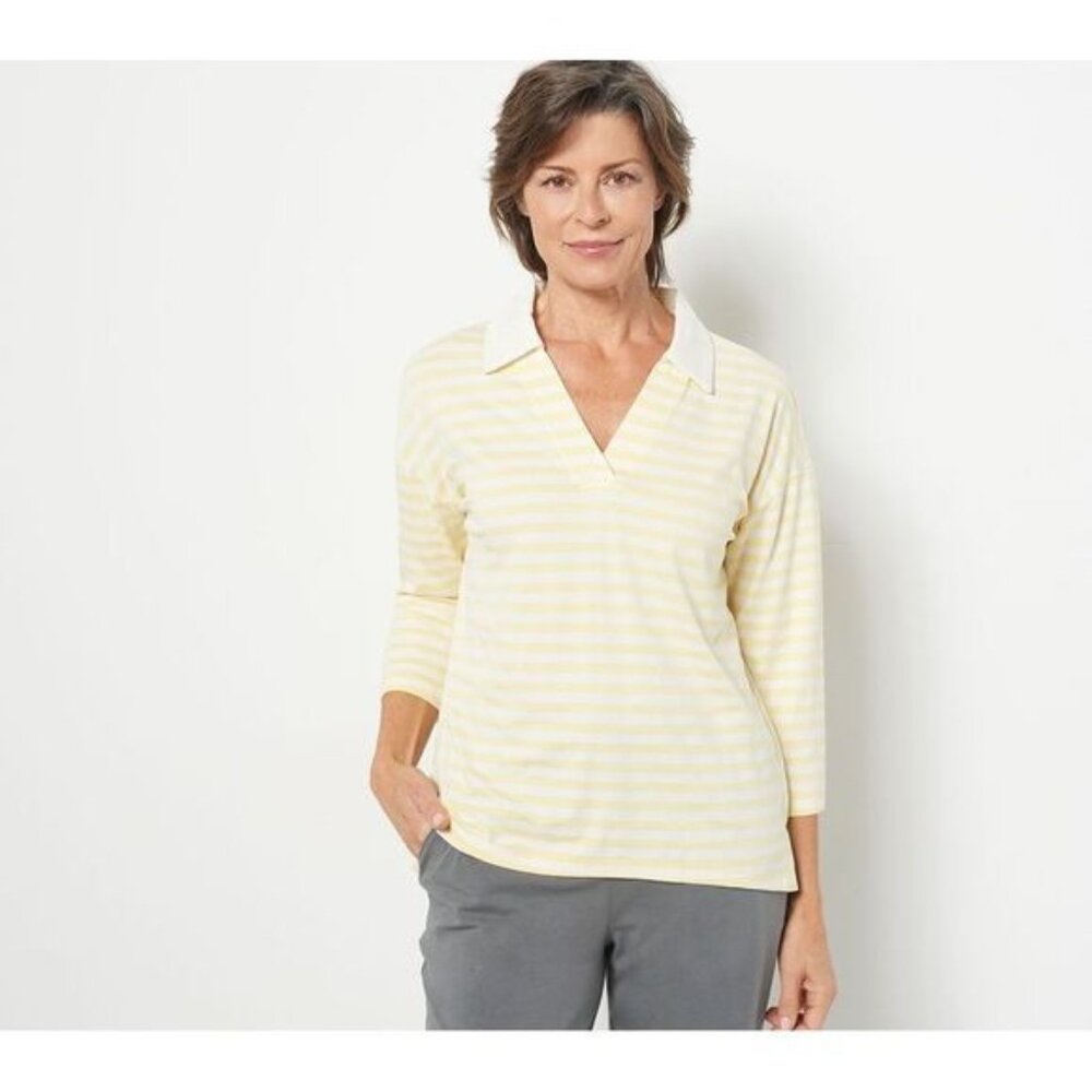 AnyBody Textured Jersey Collared Top Womens 5X Pale Yellow White Rayon Blend NEW